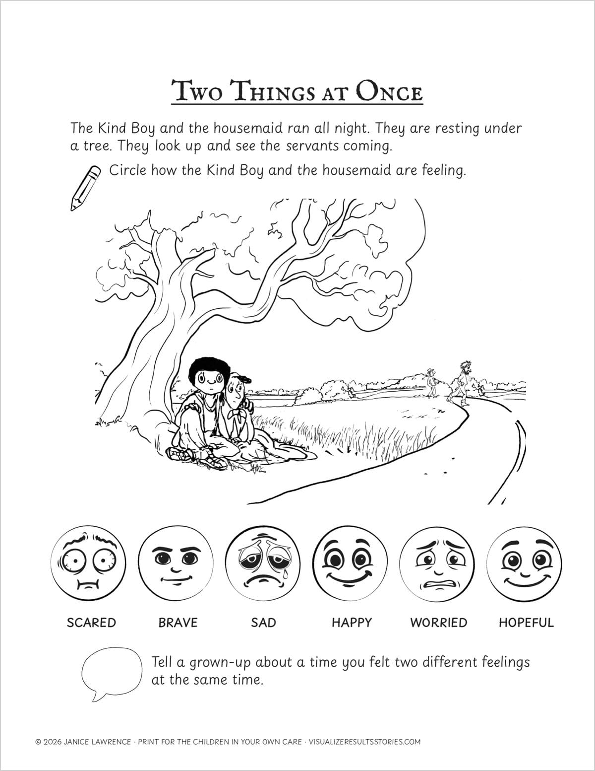 The Two Things at Once page: the Kind Boy and the housemaid under a tree, with six feeling faces to circle below.