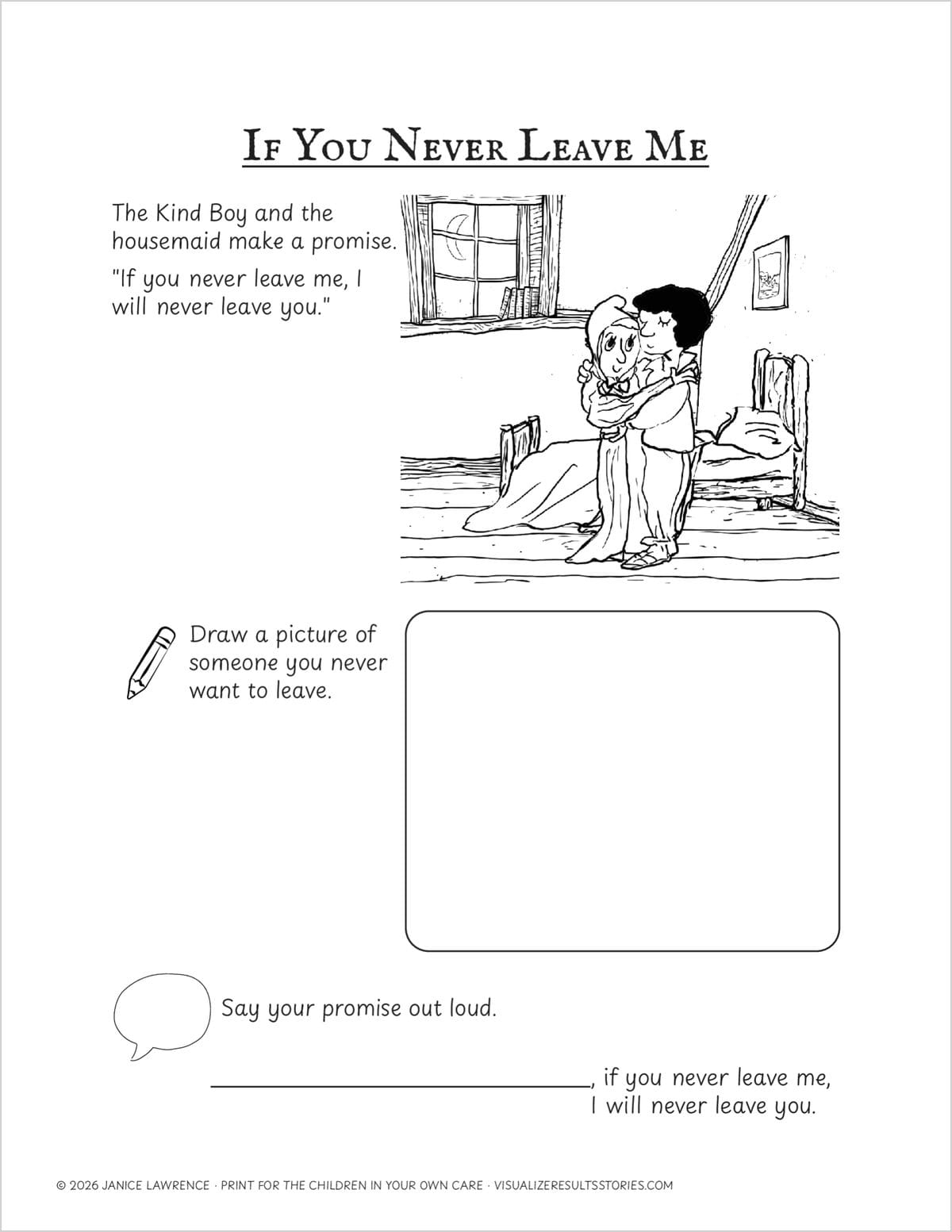 The If You Never Leave Me page: the Kind Boy and the housemaid embrace, with a box to draw someone you never want to leave.