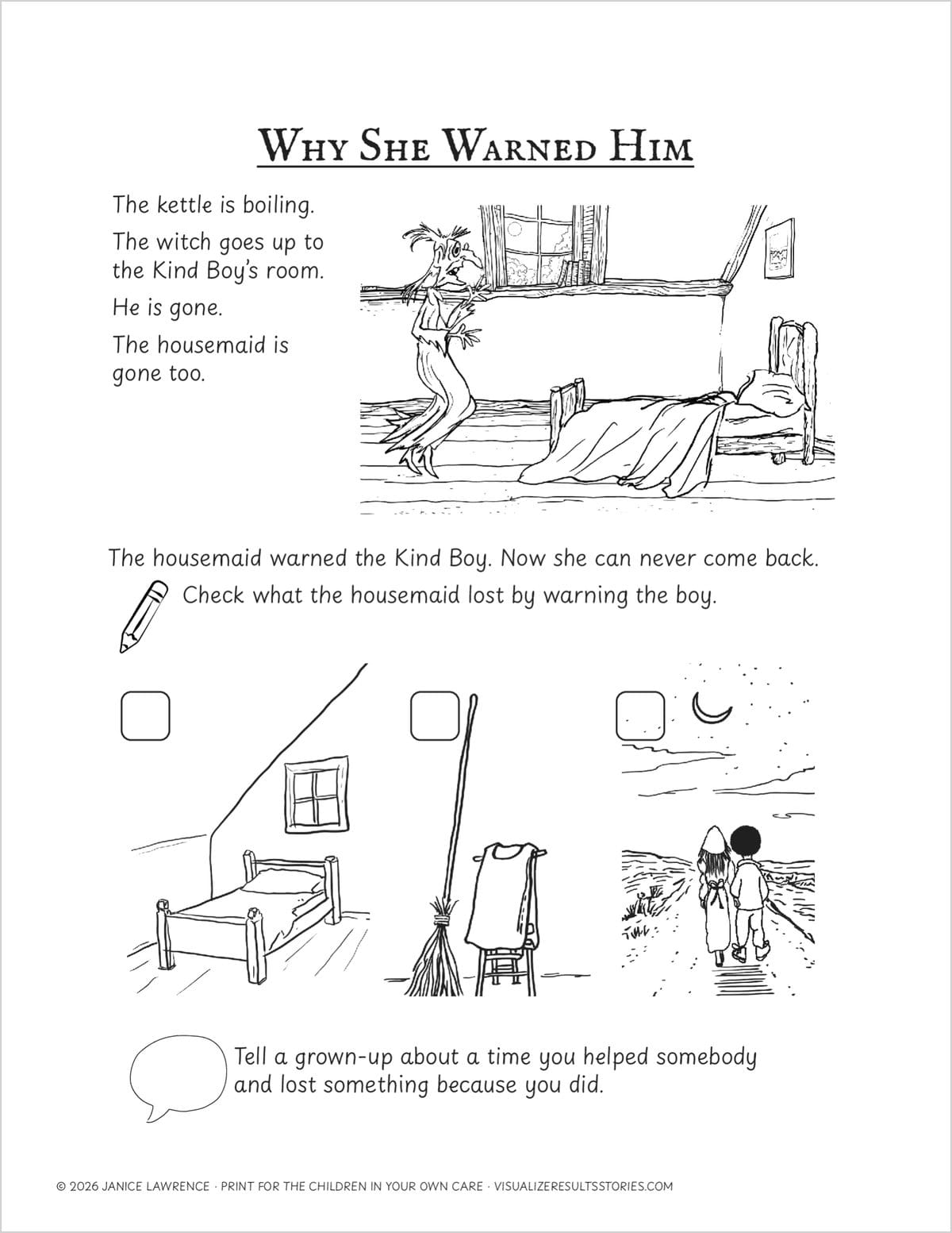 The Why She Warned Him page: the witch finds an empty bed, and three pictures show what the housemaid lost.