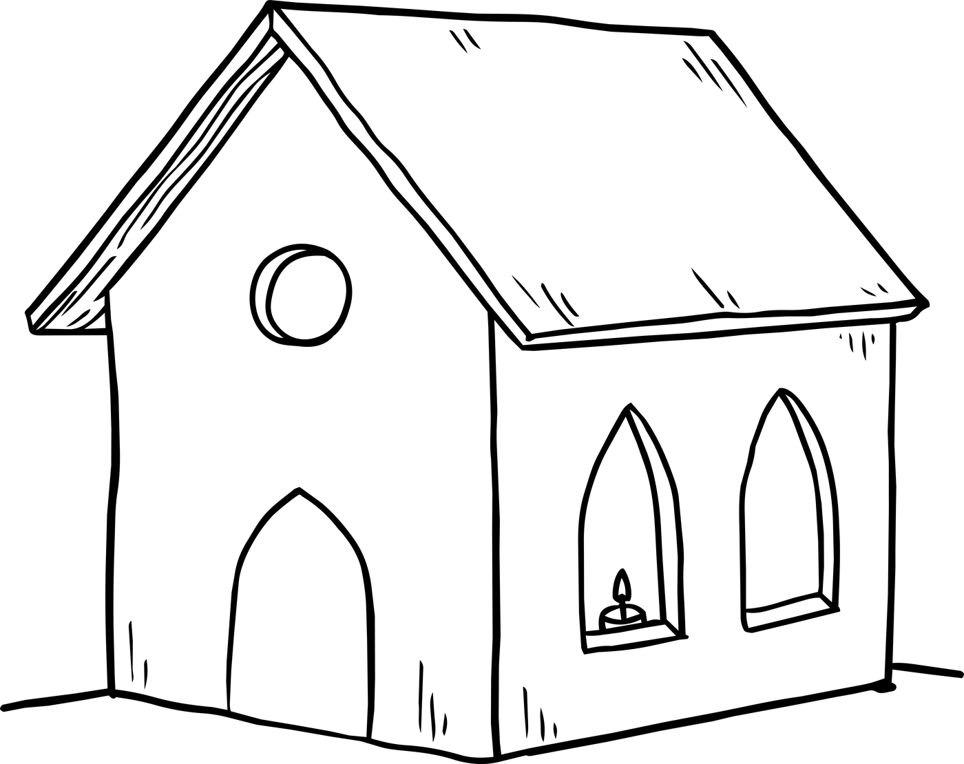 A line drawing of a small wooden church with a pointed roof, a round window and a pointed door on the front, and two tall pointed windows on the side, with a tea light glowing inside.