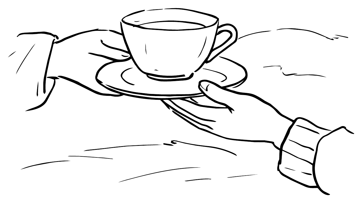 A line drawing of one hand passing a cup of tea on a saucer to another hand resting on a bed cover.