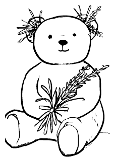 A line drawing of a teddy bear sitting up and holding a bundle of herbs, with more herbs tucked behind its ears.