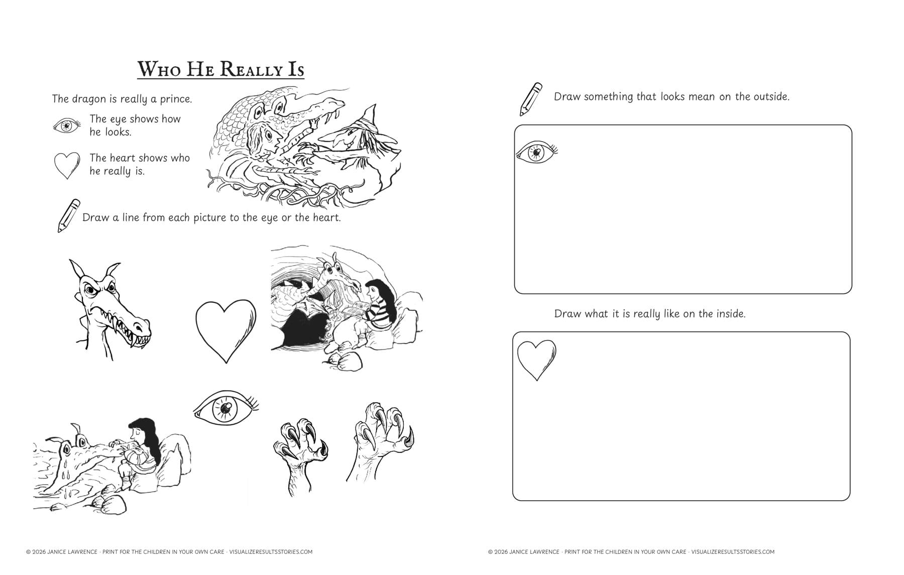 The two Who He Really Is pages: match each picture to the eye or the heart, then draw outside and inside.