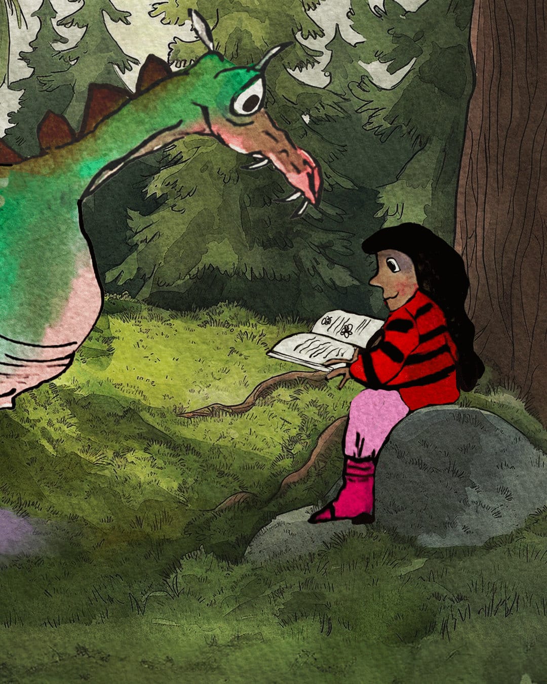 The Brave Girl sits on a rock in the forest, reading a book aloud to a large green dragon.