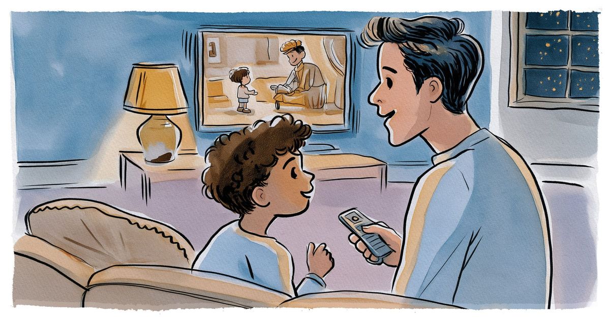 A watercolor of a father holding a remote, pausing a read-along on the TV to talk with his curly-haired son.