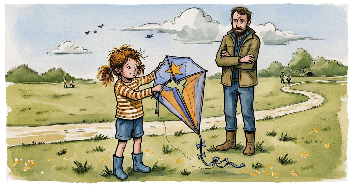 A girl in rain boots studies a kite with a broken frame while a grown-up stands nearby with his arms crossed.