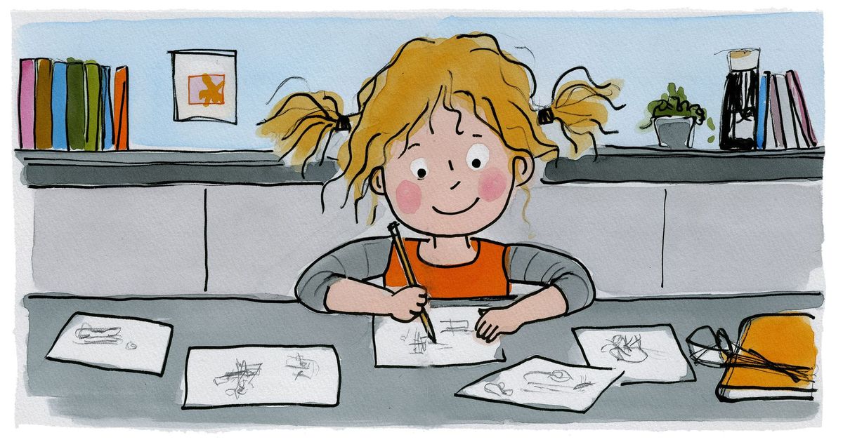 A smiling girl draws at a table covered with her earlier sketches.