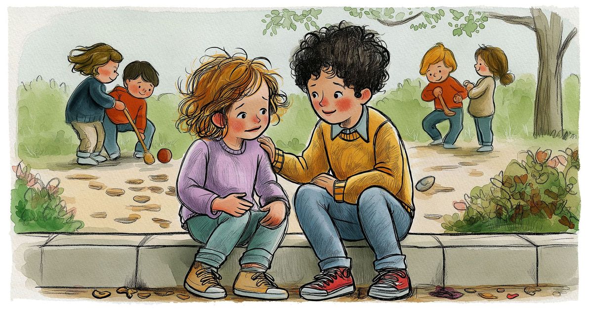 A girl and a boy sit together on a curb, his hand on her shoulder, while other children keep playing behind them.
