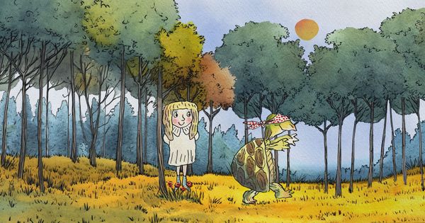 A girl in a white dress stands among autumn woods, watching a large tortoise in a red spotted headscarf walk past her.