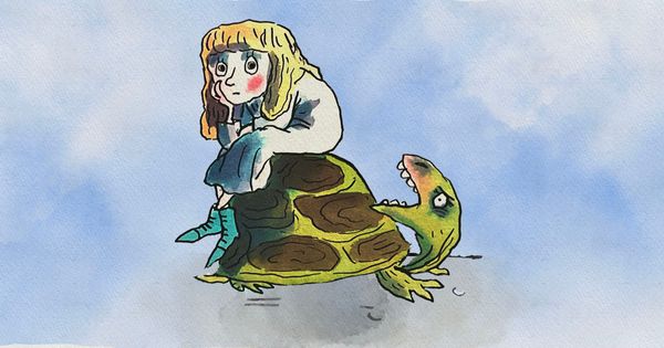 Watercolor illustration of the Clever Girl riding on the back of the Grumpy Tortoise, looking worried as he twists his head back to yell at her. her.