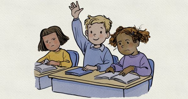 A boy raises his hand confidently with his book shut, while the two children beside him work from open books.