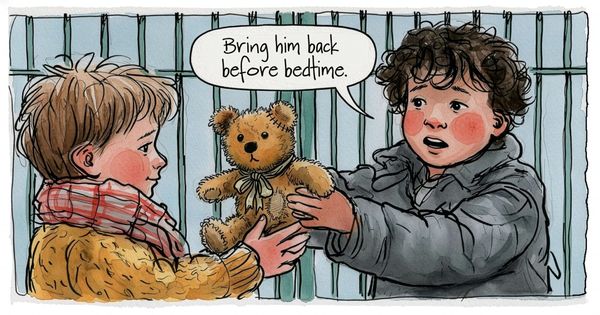One child hands a teddy bear through a fence to another, saying, “Bring him back before bedtime.”