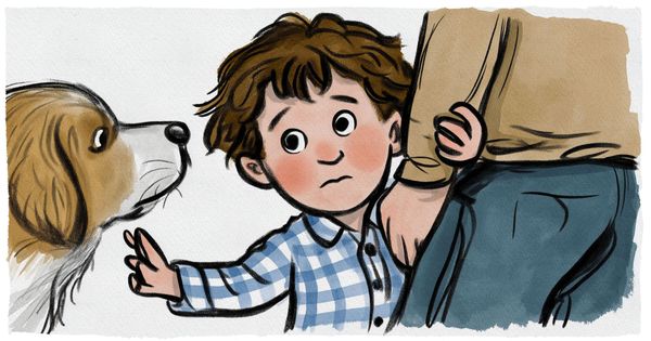 A worried boy grips a grown-up’s leg with one hand while reaching the other toward a large dog.