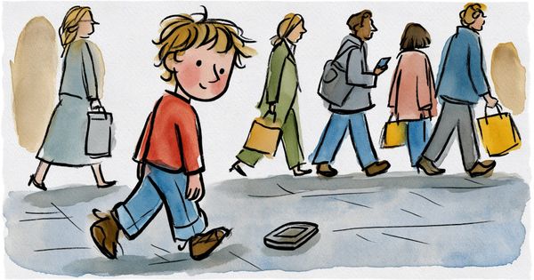 A watercolor of a boy in a red shirt looking back at a phone on the pavement while five busy adults walk past.