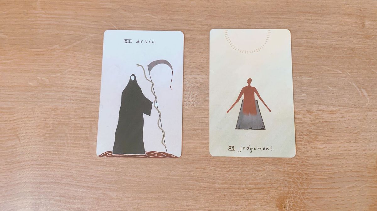 Two cards. Card 1: Death. A figure in black with a scythe. Card 2: Judgement. A figure emerges from a rectangle up to light. 