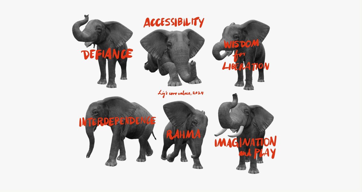 Six elephants each labelled with name of 6 core values listed on this page.