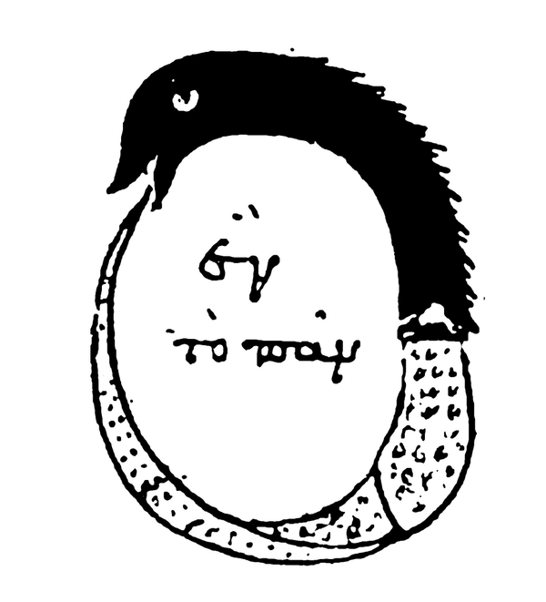 Black and white illustration of a black-headed serpent with a speckled white body biting its tail, with writing in the center.