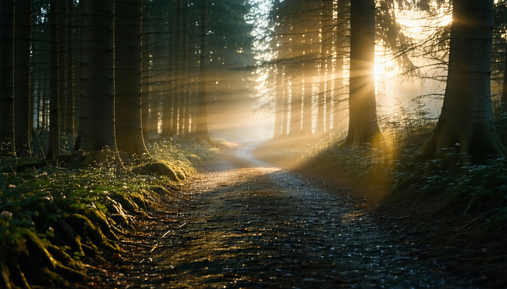 A path emerging from darkness into golden light through a misty forest at dawn, symbolizing addiction recovery and starting over