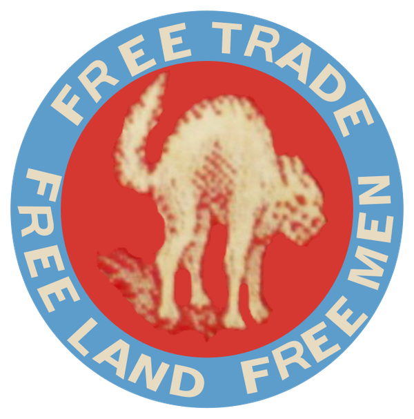 Free Trade Free Land and Free Men, written around a cat. From Dahn at wikimedia commons https://commons.wikimedia.org/wiki/File:FREE_TRADE_FREE_LAND_FREE_MEN_(Georgist_campaign_button).svg