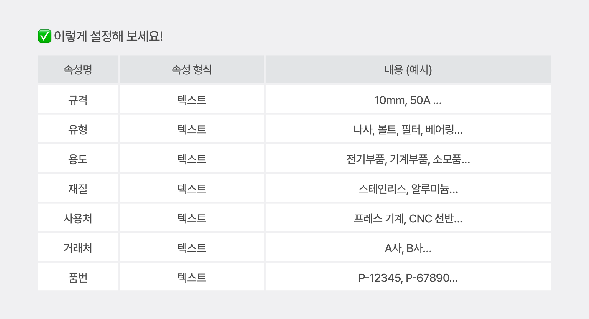 공정 부품 재고 관리를 위한 추천 속성 설정