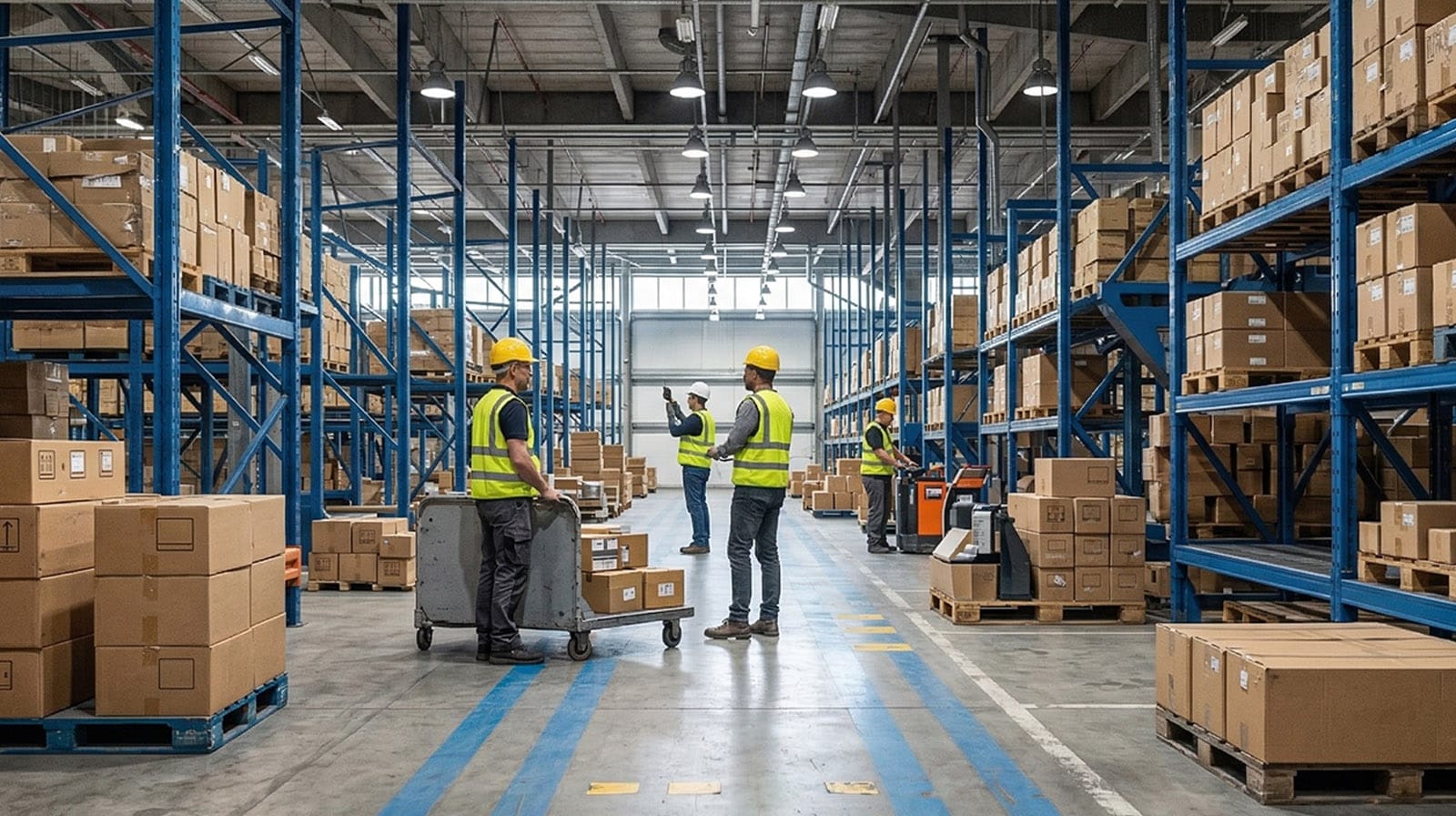 큰 규모의 물류창고에서 여러명의 직원들이 입고, 출고 작업을 하고있는 모습