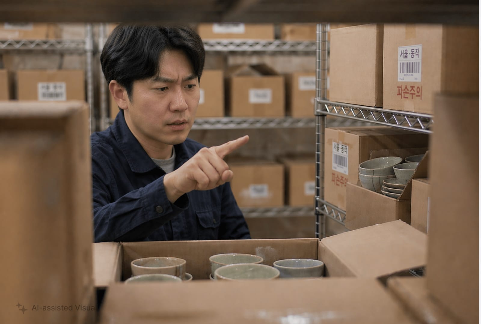 재고 위치를 찾지 못해 난감해하는 재고관리자