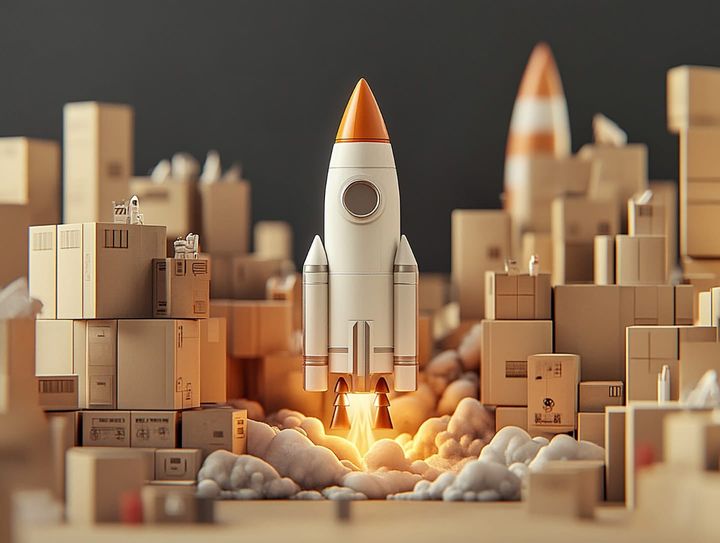 박스 더미 사이에 로켓이 이륙하는 모습.