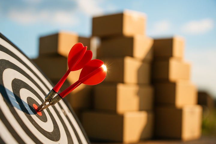 다트판 중앙에 다트가 꽂혀있고 뒤로 재고 박스들이 쌓여있는 모습