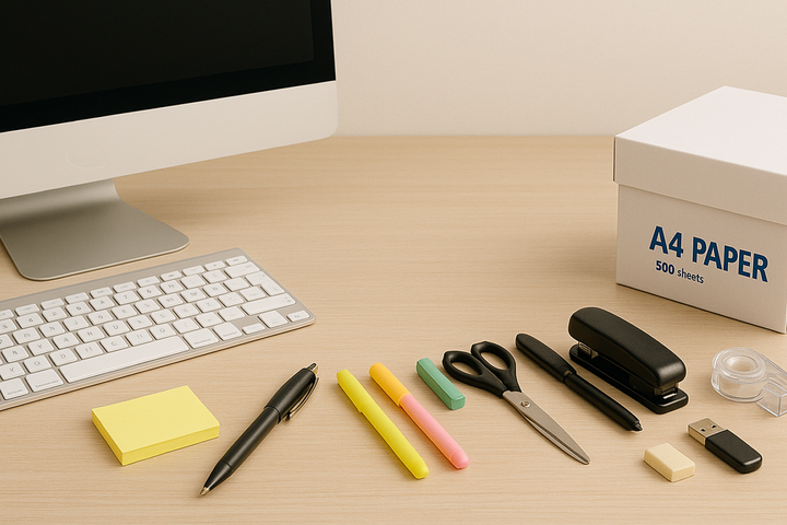 회사 비품과 소모품들이 나열되어 있는 책상 위 이미지