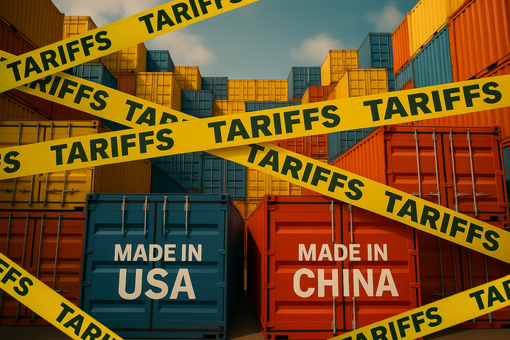 TARIFFS 라인이 쳐져있는 화물 컨테이너들