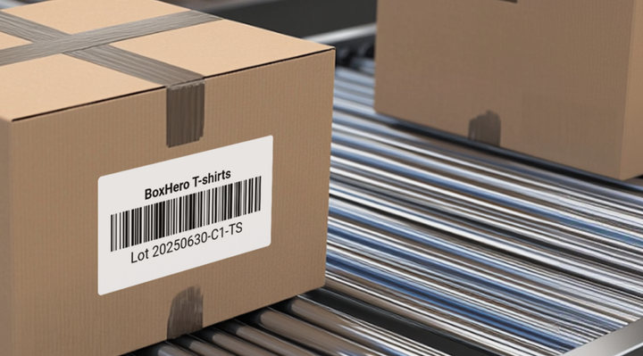 로트 번호가 부착된 물류 박스가 컨베이어 벨트 위에 놓여있다.