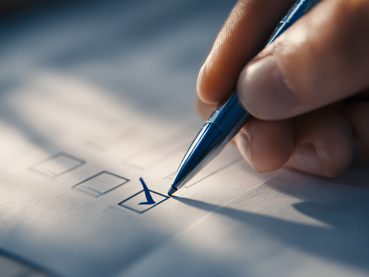 체크리스트에 볼펜으로 체크 표시를 하고 있는 손