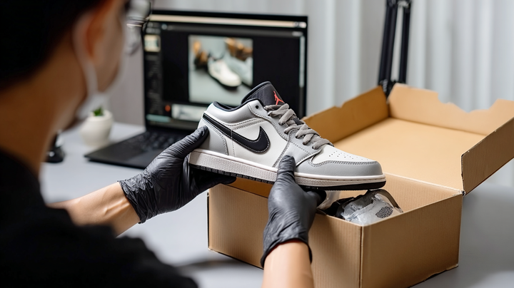 니트릴 장갑을 낀 직원이 택배박스에 들어있는 운동화를 꺼내어 검수하고 있다.