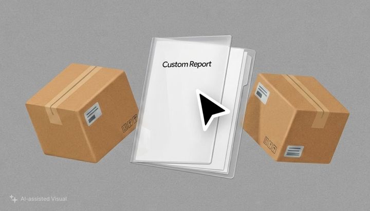 두 개의 택배 상자 사이에 놓인 'Custom Report'라고 적힌 서류 파일과 그 앞의 마우스 커서 아이콘