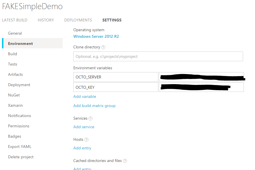 AppVeyor environment settings