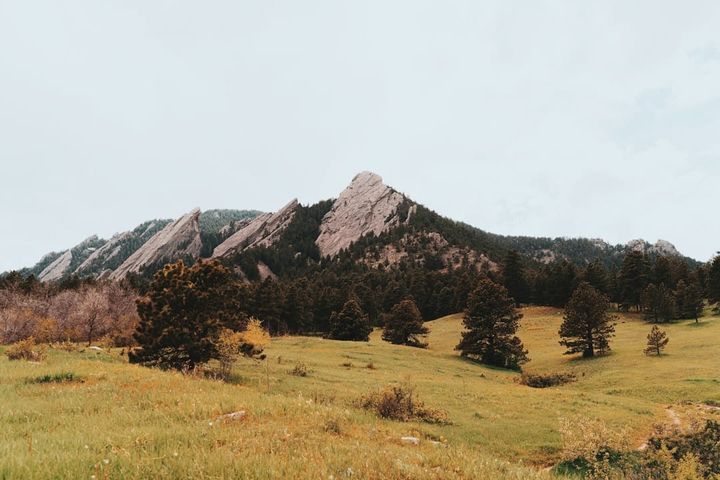 A green meadow below the foothills near Boulder, Colorado, under a bright sky.