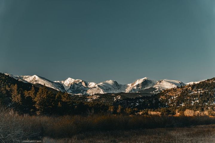 Snow-capped Front Range peaks rise beyond dark evergreen foothills above a foreground of dormant, brown winter grassland.