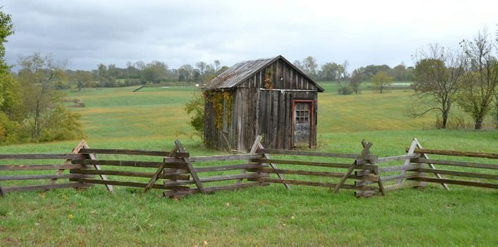A weathered wooden shed with a red door behind a split-rail fence on open grassland
