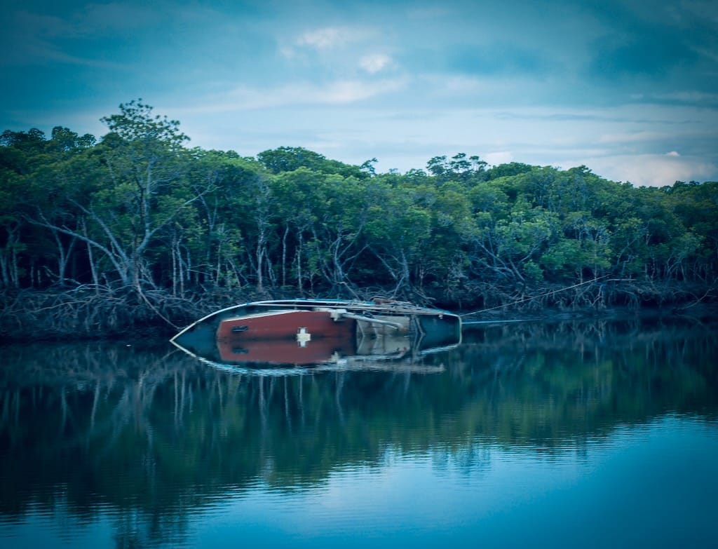 A fishing boat on its side in a river, half-submerged, with dense trees by the side of the river, reflected in the water.
