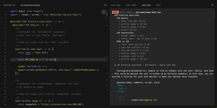 Practice React by fixing tests - Check your JSX knowledge!