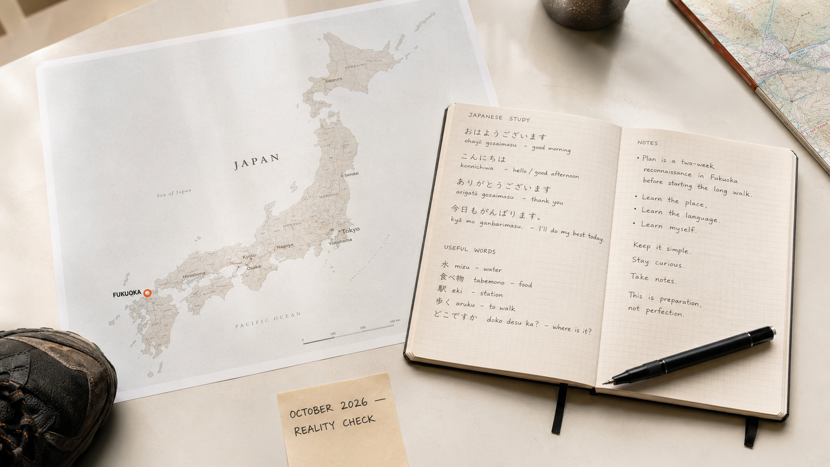 A map marking Fukuoka beside Japanese study notes and walking equipment for Franck’s October 2026 trip.