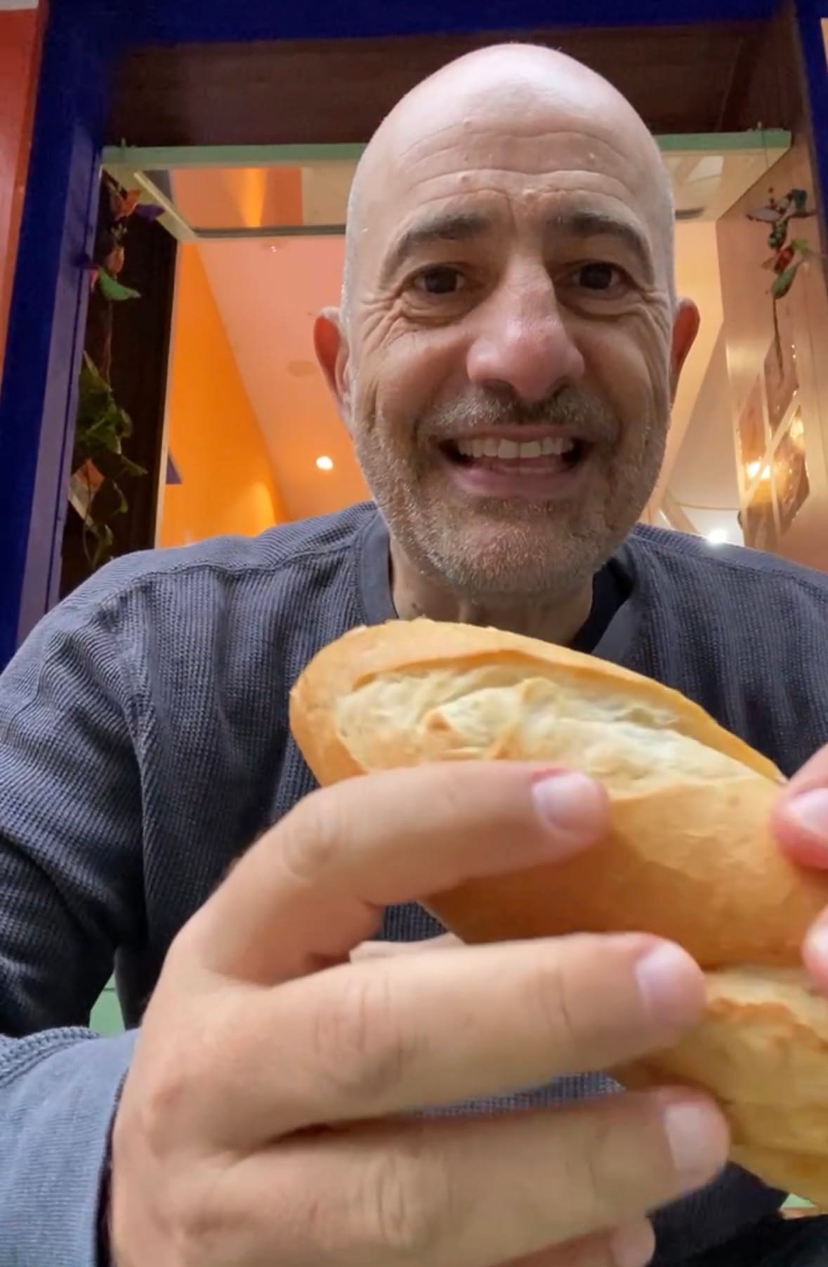 Franck enjoying some bread during his 6,000 kilometre walk across Europe.
