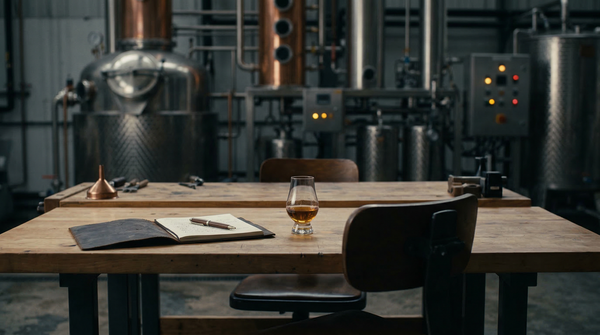 Notebook and pen beside a glass of amber spirit on a wooden workbench in a craft distillery, empty chair suggesting contemplation