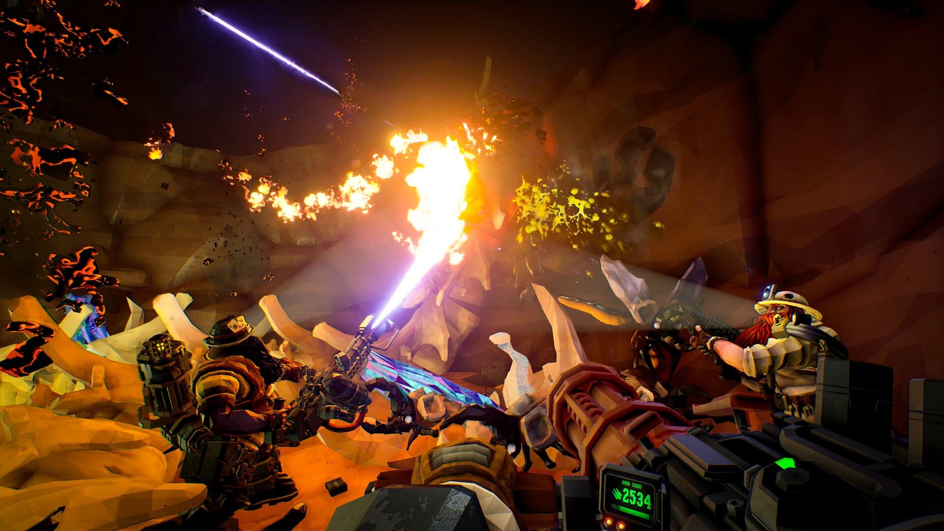 Deep Rock Galactic dwarves fighting alien bugs in a glowing cave