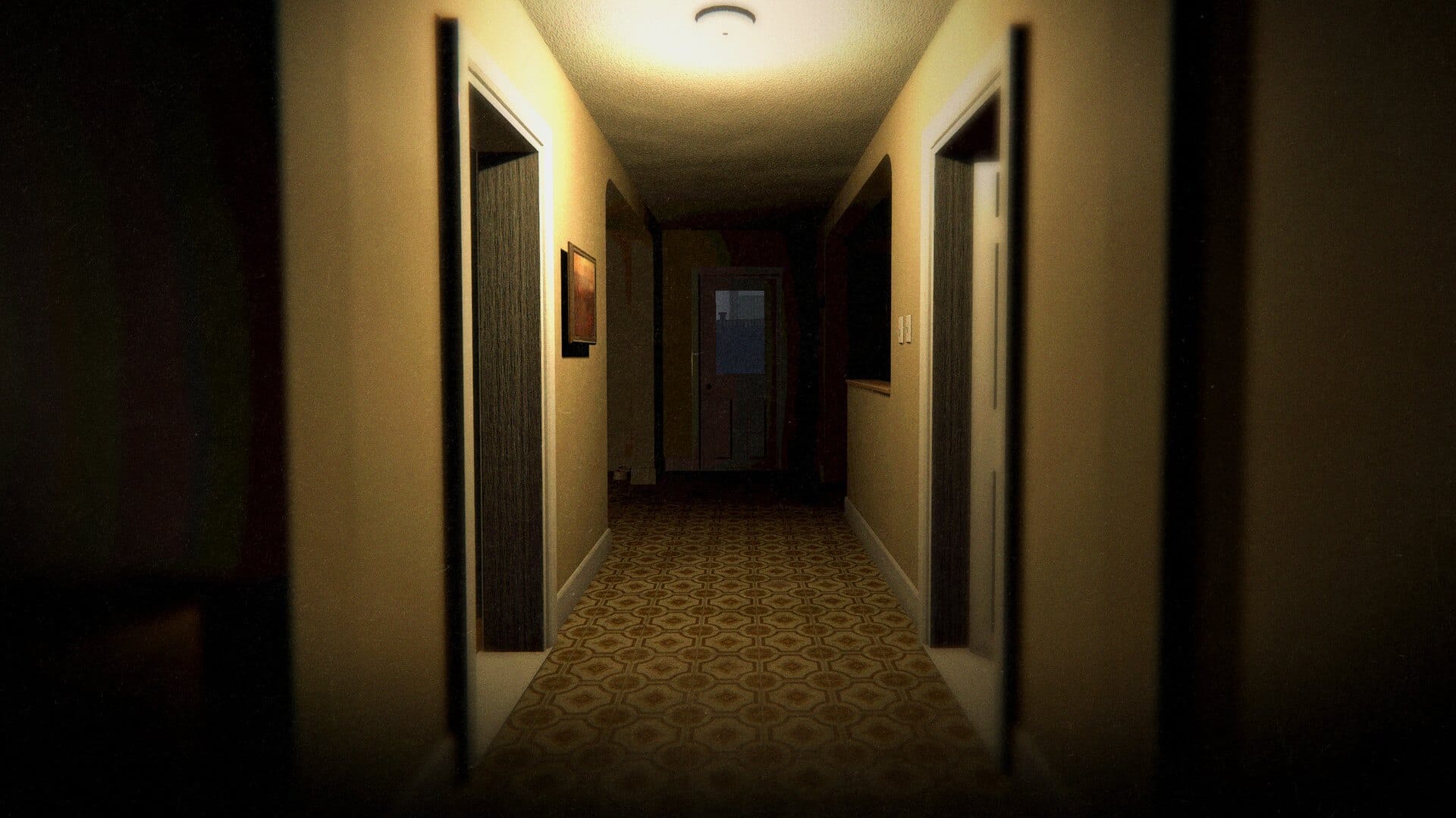 Phasmophobia dimly lit hallway inside a haunted house