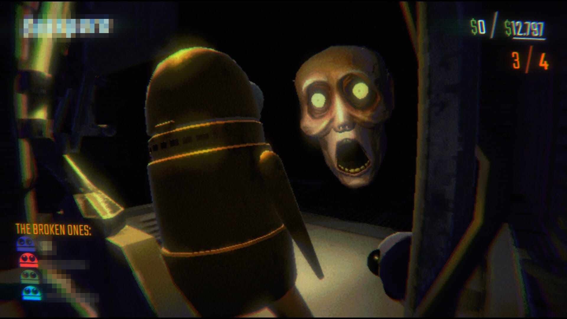 R.E.P.O. robot character facing a creepy monster in a dark room