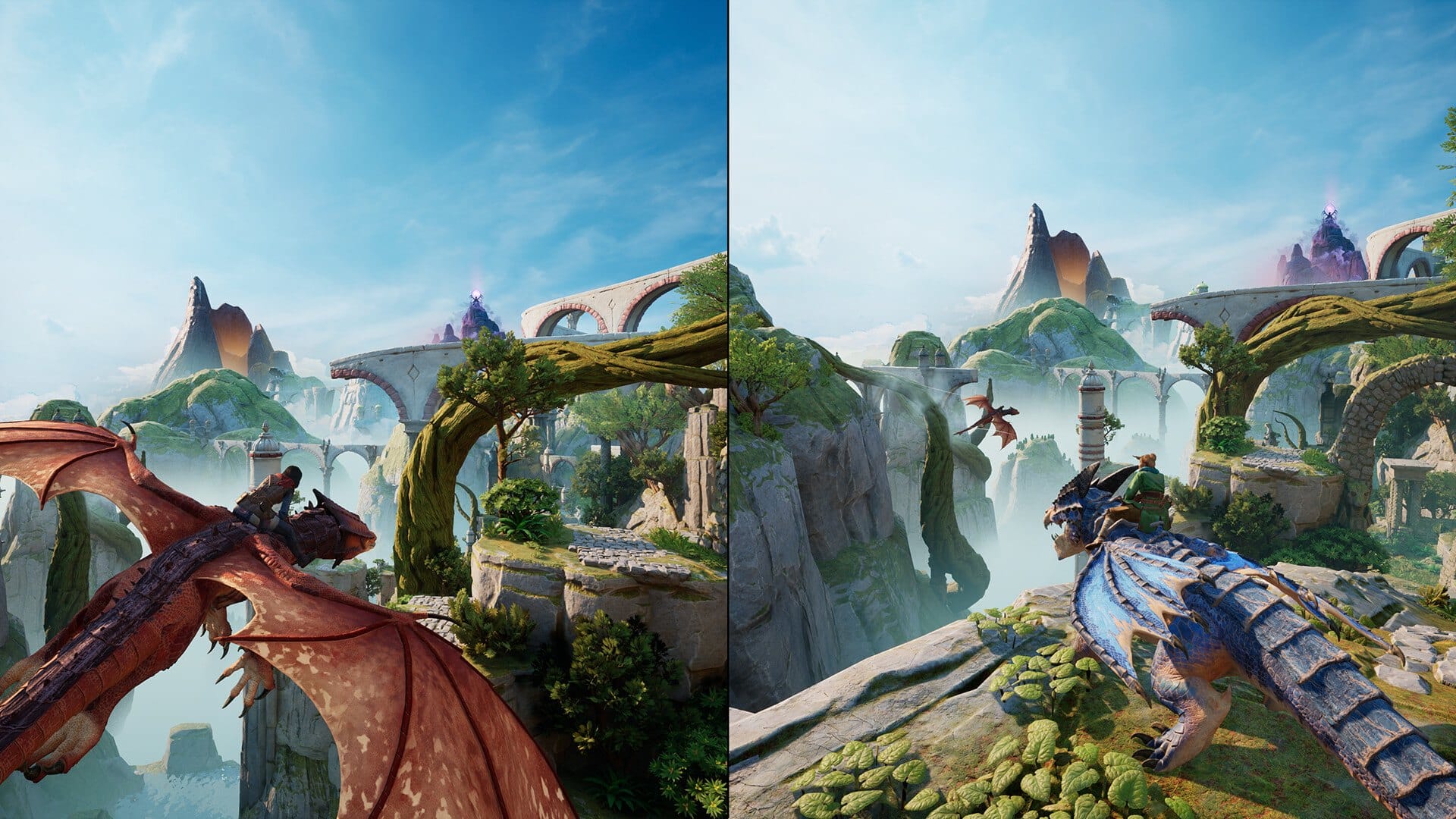 Split Fiction co-op gameplay with two players riding dragons in a split-screen fantasy world