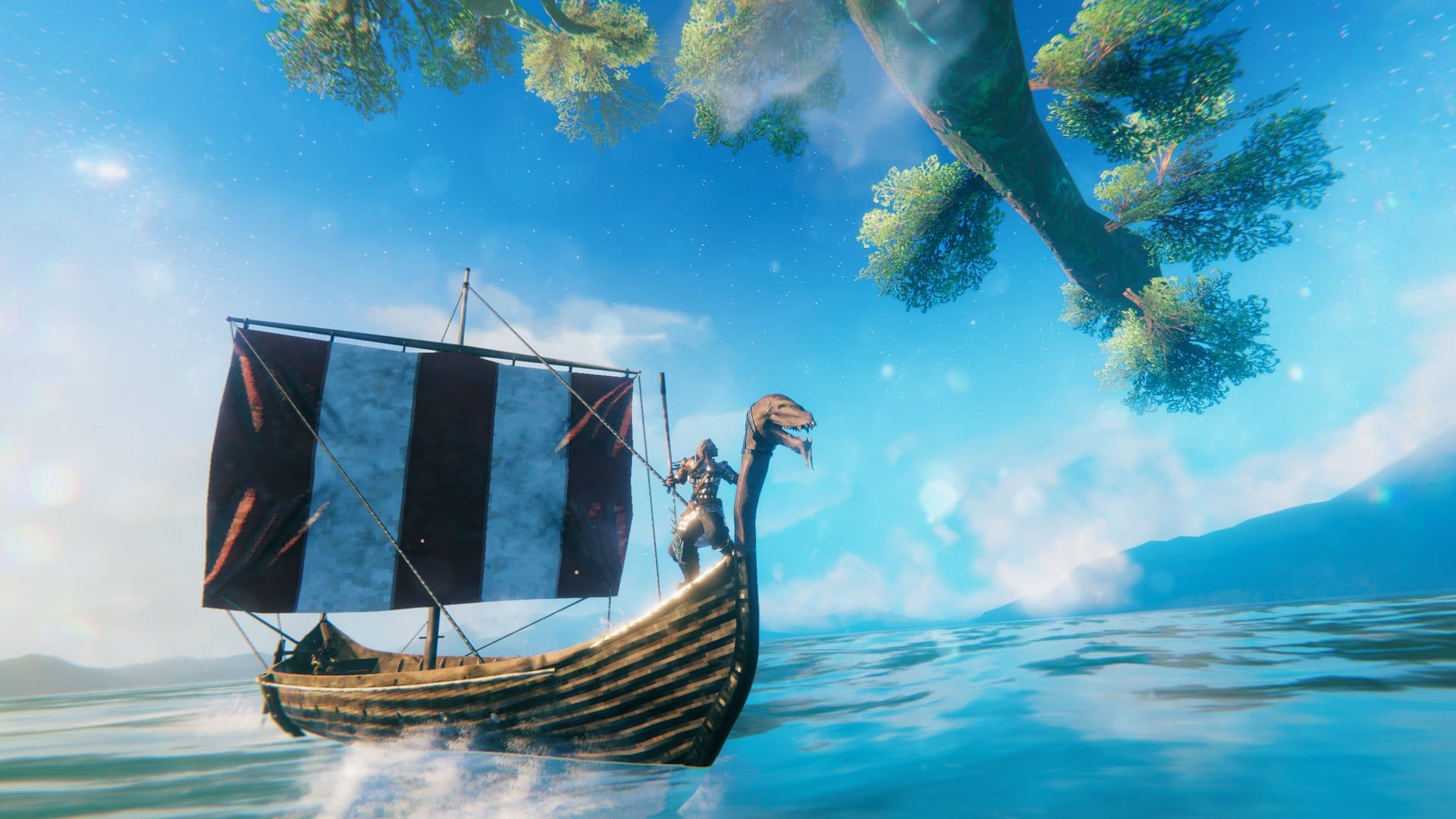 Valheim viking longship sailing on bright blue water