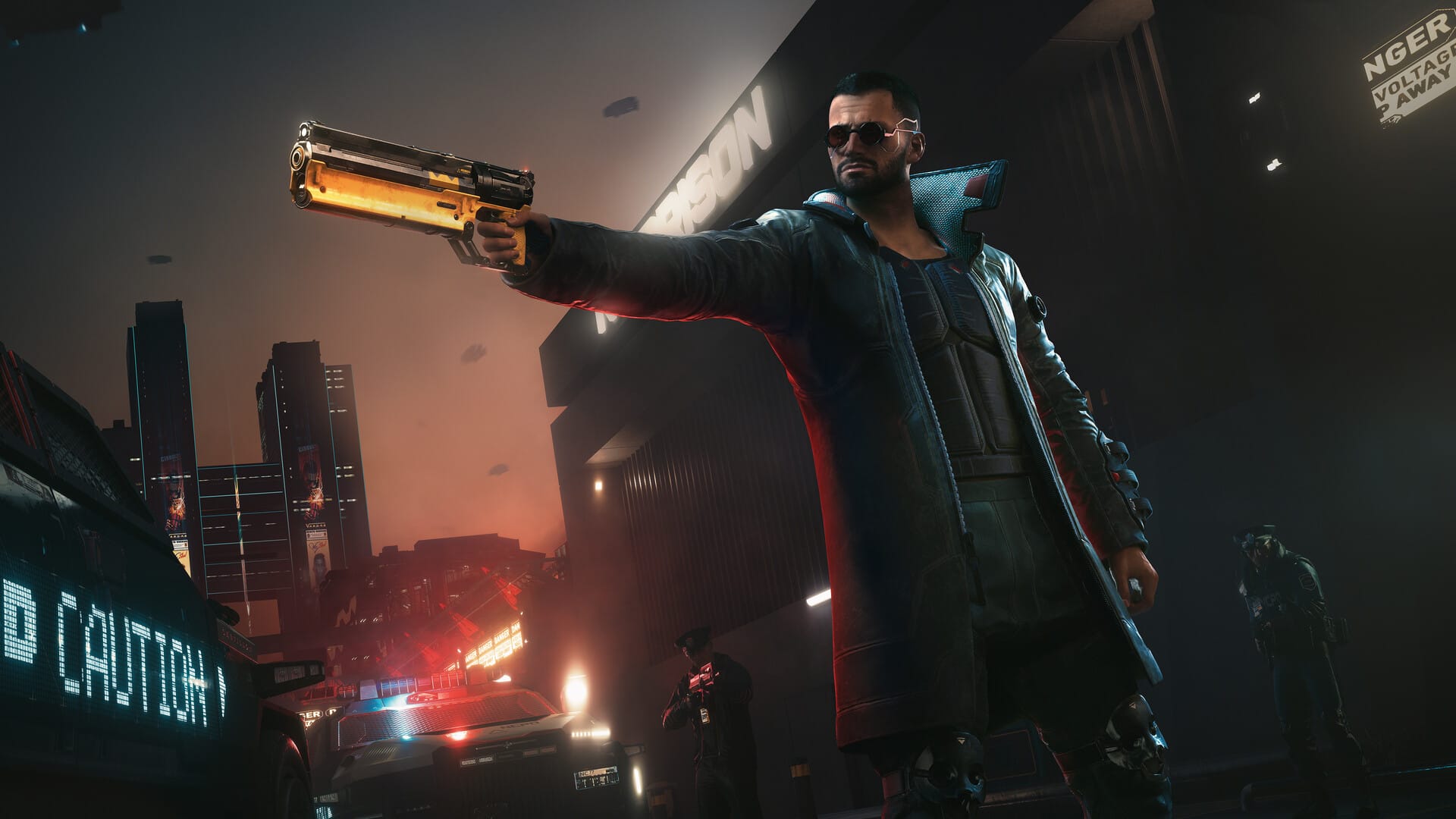 V aiming a pistol on a Night City street at night in Cyberpunk 2077