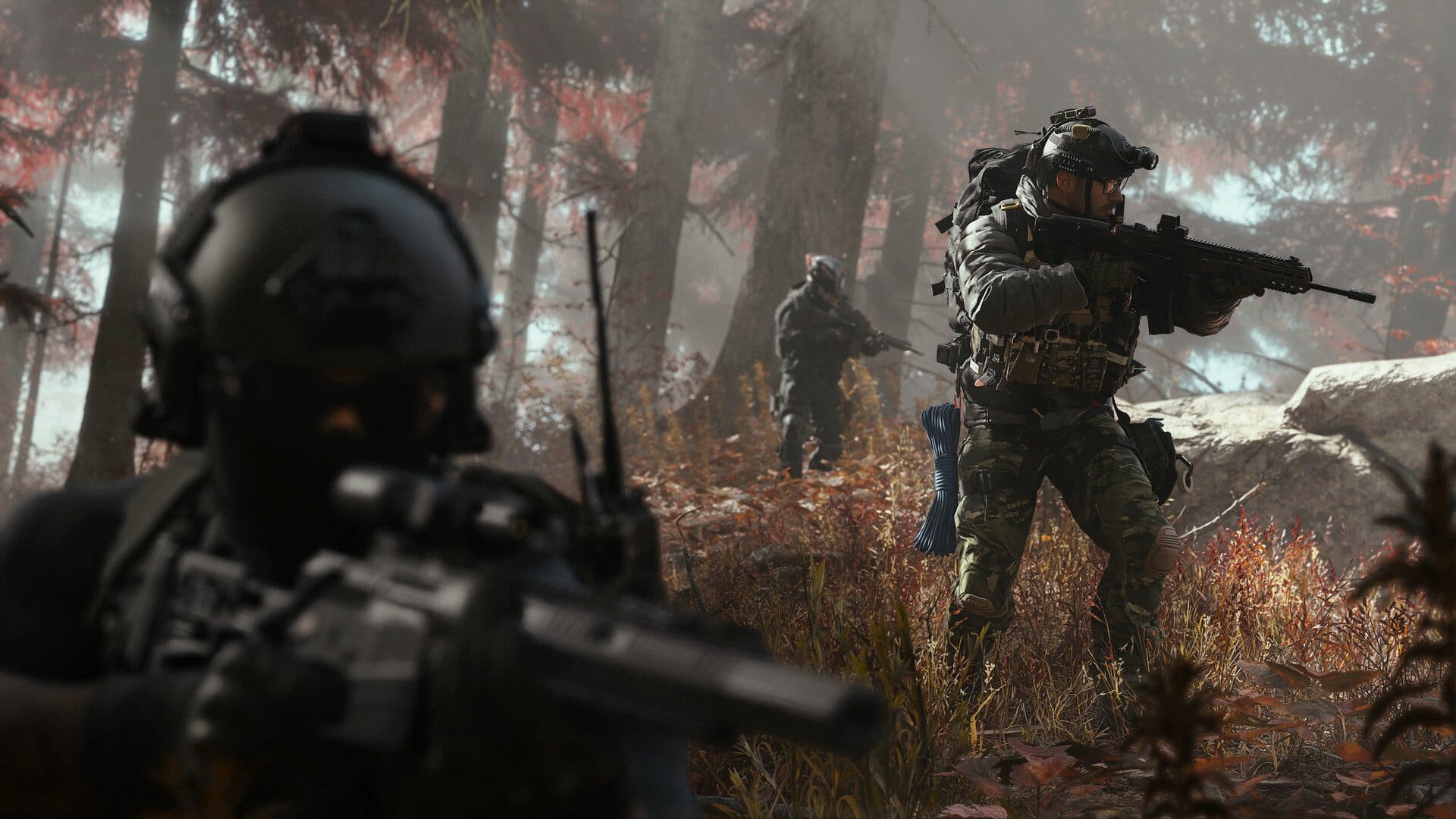 Modern Warfare 4 operators pushing through a forest